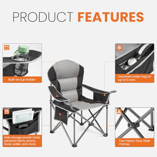 Sweetcrispy Camping Folding Chair, Heavy Duty Support - Foldable Padded Seat with Side Pockets, Cup Holder & Insulated Coo...