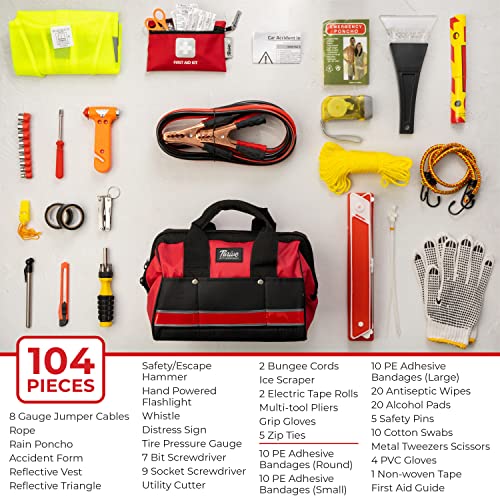 Thrive Car Emergency Kit & Roadside Emergency Car Kit - 104-Piece Set, Red Canvas Bag, Universal Fit - Jumper Cables, Esca...