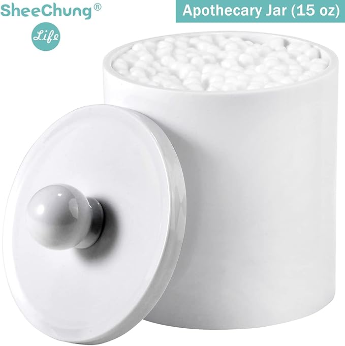 SheeChung Plastic Acrylic Bathroom Vanity Countertop Canister Jars with Storage Lid, Apothecary Jars Qtip Holder Makeup Organizer for Cotton Balls,Swabs,Pads,Bath Salts (White, 4 Pack of 15 oz.)