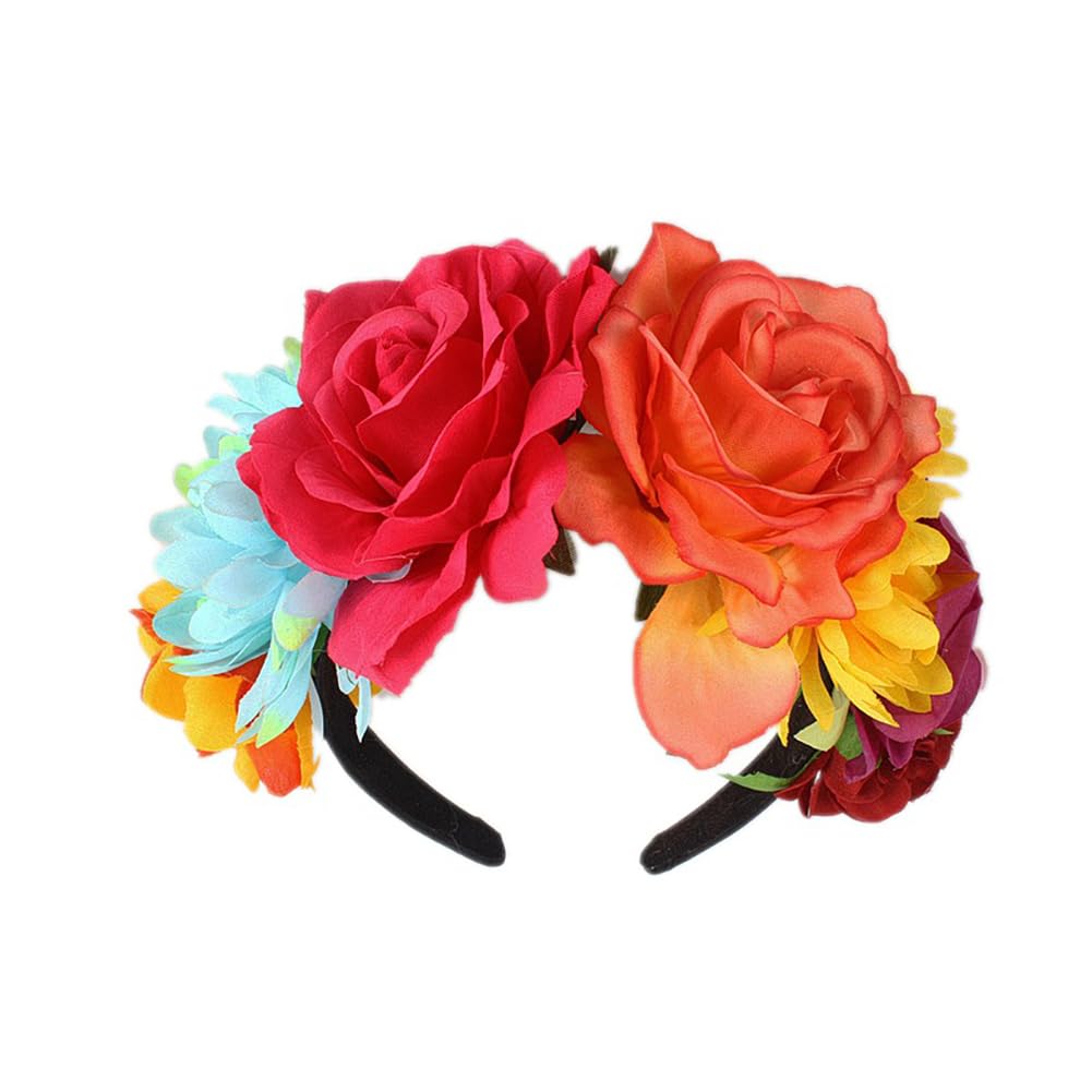 Lofruiin Women's Bohemian Rose Flower Crown Mexican Day of The Dead Headband Halloween Party Costume Headpiece (Fuchsia Orange,