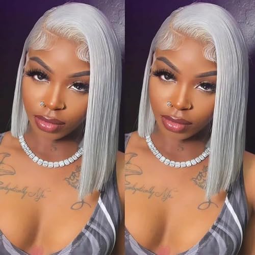 14 Inch Grey Bob Wig Human Hair Pre Plucked Long Straight 13x4 Hd Transparent Lace Frontal Bob Wigs for Black Women 180% Density Silver Grey Glueless Blunt Cut Bob Wig with Baby Hair 180% Density