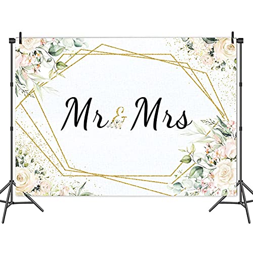 Mr & Mrs White Floral Bridal Shower Backdrop Mr Mrs Wedding Theme Photo Backgrounds 7x5ft Wedding Bride to Be Engagement P...