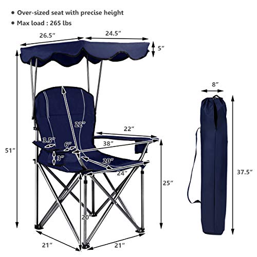 GYMAX Camping Chair, Folding Outdoor Lawn Chair with Canopy, Carry Bag & Cup Holder, Portable Heavy Duty Camp Chair for Ou...