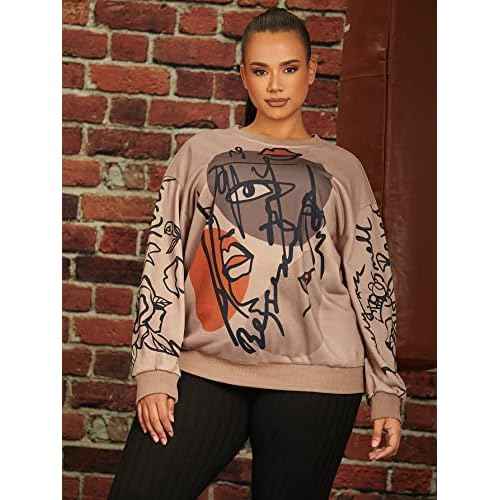 WDIRARA Women's Figure Graphic Print Sweatshirt Round Neck Long Sleeve Contrast Color Graffiti Pullovers