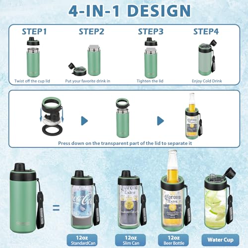4 In 1 Beer Can Cooler Bottle Holder with Drinking Spout Lid for 12oz Regular, Slim Skinny Cans and Thermal Bottles,Sealed...