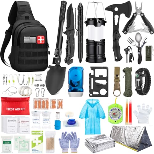 Emergency Survival Kit, 151 Pcs Survival Gear First Aid Kit, Outdoor Trauma Bag with Tactical Flashlight Knife Pliers Pen ...