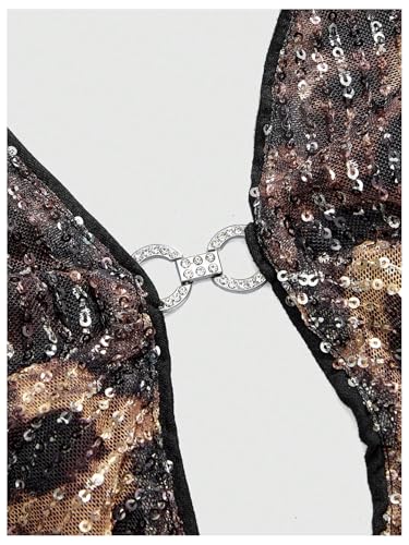 Verdusa Women's Cheetah Print Sequin Top Y2K Tie Back Corset Halter Going Out Crop Tops