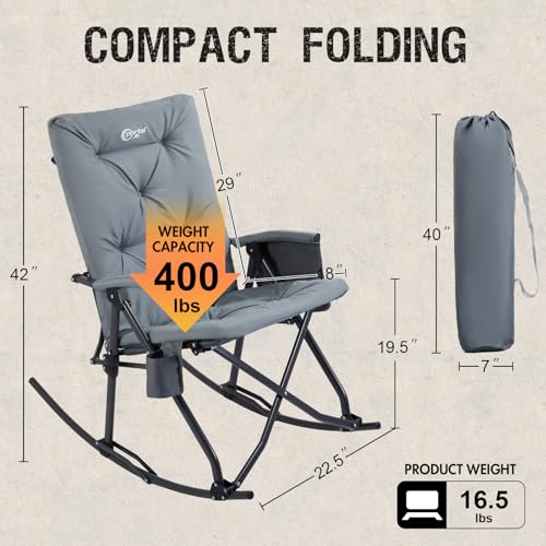 Portal Folding Rocking Chair Indoor & Outdoor Thick Padded Rocking Recliner Chair Portable Camping Rocker for Patio Front ...