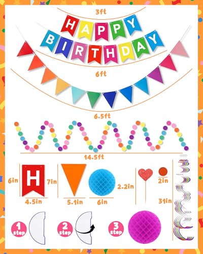 Oomloid Happy Birthday Party Decorations - Colorful Happy Birthday Banner Swirl Streamers Honeycomb Balls Circle Dots Garl...