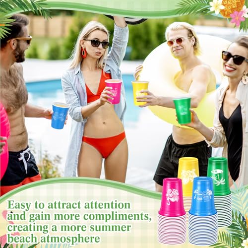 Domensi 120 Pcs Hawaiian Luau Party Plastic Cups 16 oz Summer Beach Tropical Plastic Disposable Cup Hot Cold Drink Wine Co...