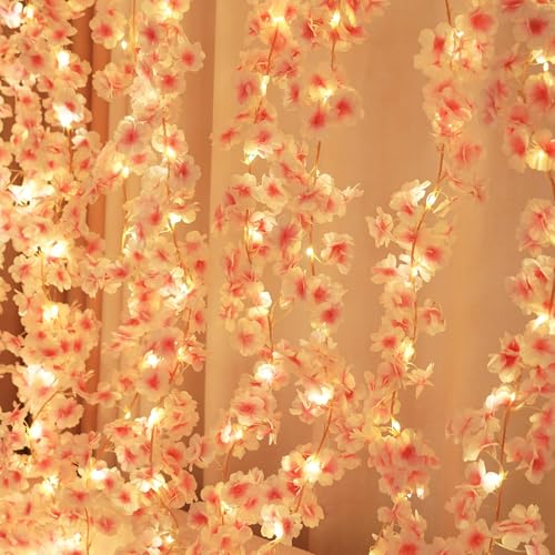 Lfasww Artificial Cherry Blossom Lights，190 LED 5.5ft x 6.2ft Warm White Curtain String Lights with Remote and Timer, 8 Mo...
