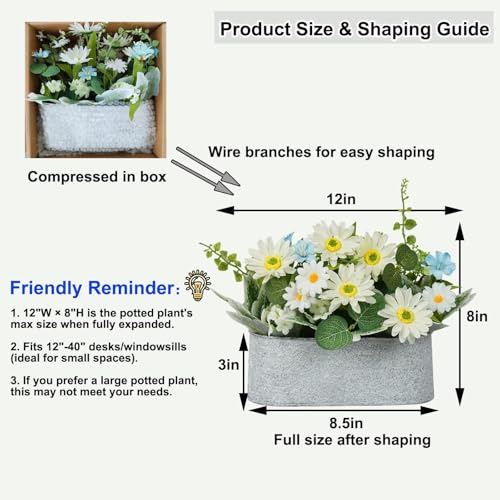 ZKIEIRE Floral Centerpieces for Tables, 12 Inch Small Artificial Flowers in Metal Pot with White Daisy Arrangement, Farmho...