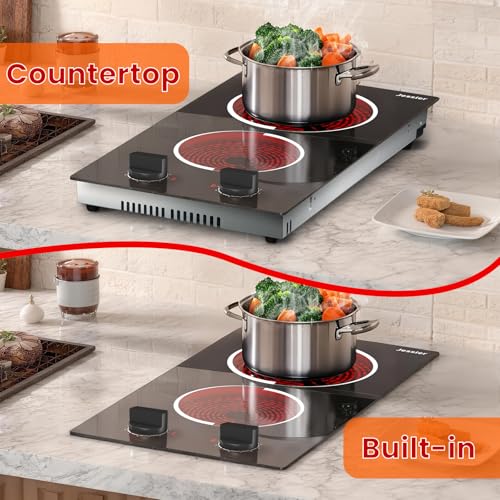 Jessier 2 Burner Electric Cooktop - 12 Inch Plug in Portable 110V Electric Cook Top Two Burner, Built-in & Countertop Cera...