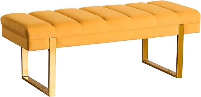 AIITTCC Velvet Ottoman Bedroom Bench, 46.5" Tufted Padded End of Bed Bench with Gold Legs, Upholstered Shoe Bench for Living Room Entryway Window (Mustard Yellow, 46" Wide)
