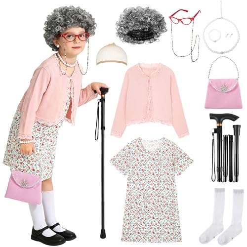 WooHand Old Lady Costume for Kids 100 Day of School Costume for Girls 100th Day of School Dress Up Grandma Wig Cane Outfit