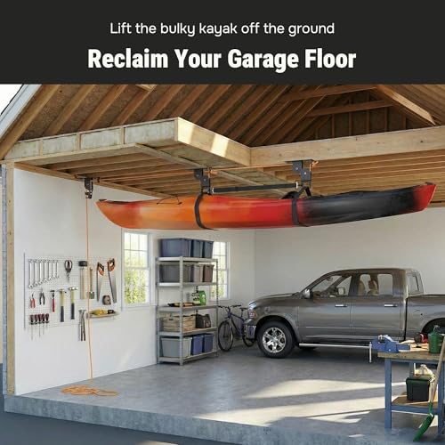 RoakyRoasy Kayak Hoist for Garage Ceiling with Metal Pulley System Holds 150 lbs, 5.5" Low-Profile Canoe Storage Lift, Par...
