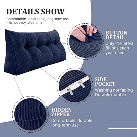 Wedge Headboard Pillow Dorm Room Reading Pillow Back Support for Sitting Up in Bed Bolster Lumbar Cushion Body Positioning Bedrest Corduroy (Navy Blue, Full (54 * 8 * 20in))