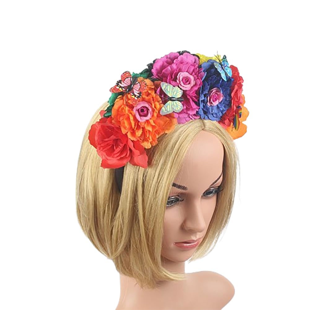 Lofruiin Women's Bohemian Rose Flower Crown Mexican Day of The Dead Headband Halloween Party Costume Headpiece (A- Colorful 1, F