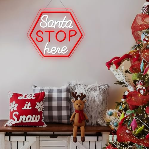 Santa Stop Here Neon Sign for Window Decor USB Powered Xmas Neon Wall Sign Festive Display Holiday Party Santa Stop Led Li...