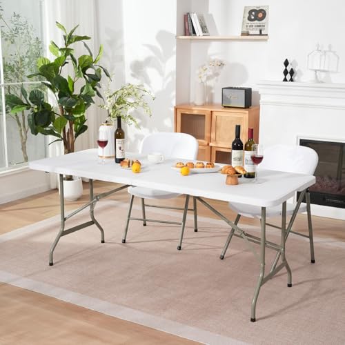 Folding Table 6ft, Heavy-Duty 500lbs Weight Capacity Foldable Table with HDPE Top & Steel Legs, Portable 6 Foot Picnic Tab...