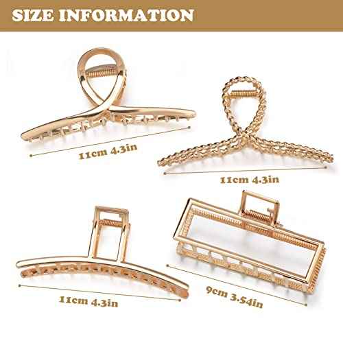4 Pack Large Metal Hair Clips for Thin to Thick Curly Hair, 4.3 Inch Big Nonslip Gold Color Clamps, Perfect Fashion Jaw Claw Hair Styling Accessories for Women and Girls, Christmas Gifts