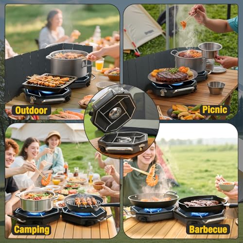 Camping Stove Propane, 2 Burner Camp Stove, 20,000 BTU Propane Camping Stoves, Portable Gas Stove with Windscreen, Storage...