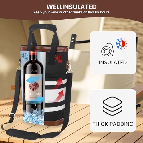 BLUBYEES 2-Bottle Insulated Wine Carrier Tote - Leakproof Padded 900D Oxford Cooler Bag for Travel, Picnics, Beach & Parties