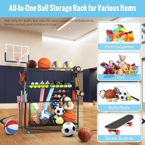 Sports Equipment Garage Organizer - Heavy Duty Garage Organization Ball Storage Rack with Basket, Hooks and Rolling Cart f...