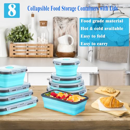 Epinke 8 Collapsible Food Storage Containers With Lids, Rv Collapsible Bowls, Silicone Food Storage Containers, Camping Fo...