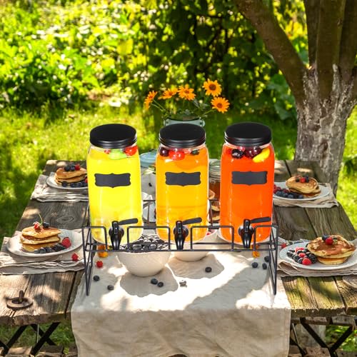 RimCereal 3 Pack 80 oz Glass Beverage Dispenser with Stand Clear Mason Jar Water Dispenser for Party, Fridge Includes Leak...