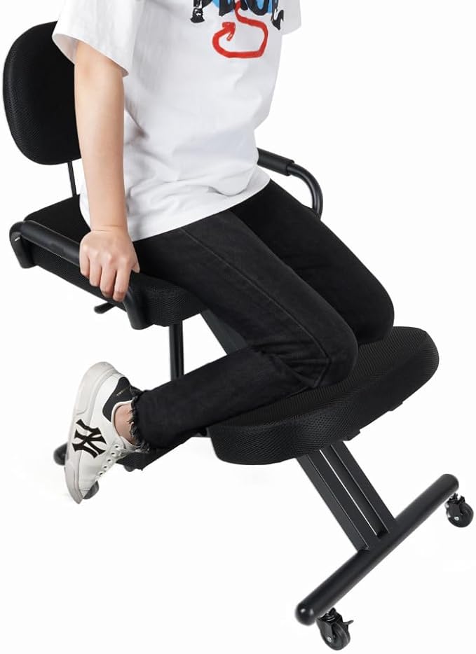 Ergonomic Kneeling Chair with Back Support and Foot Pedals — Adjustable Posture Stool for Back Pain Relief, Rolling Kneeling Chair for Home & Office, Extra Comfort Cushion, Angled Design