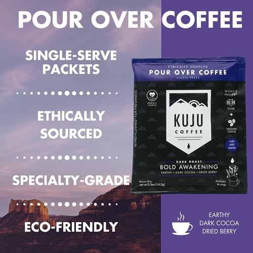 Kuju Coffee Premium Pour Over Camping Coffee Singles - 6 Pack Bold Awakening, Dark Roast - Superior Instant Coffee Packets...