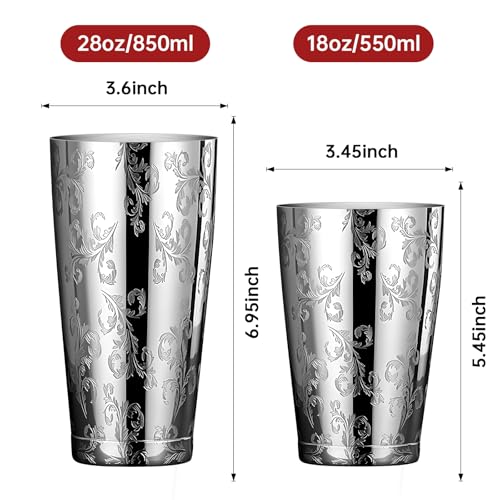 Cocktail Shaker Stainless Steel Boston Shaker Tin with Etched Pattern Martini Drink Shaker Professional (Style4)