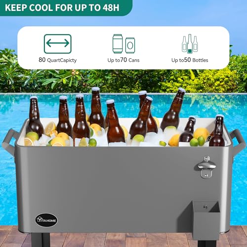 YITAHOME 80 Quart Patio Cooler Cart with Bottle Opener Drainage, Portable Rolling Beverage Cart for Outdoor Drink Cooler, ...