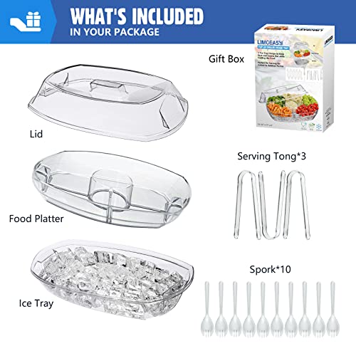 LIMOEASY Chilled Veggie Tray, 15 Inch Clear Party Platter with 4 Compartments, Ice Serving Bowl with Lid, Cold Food Buffet...