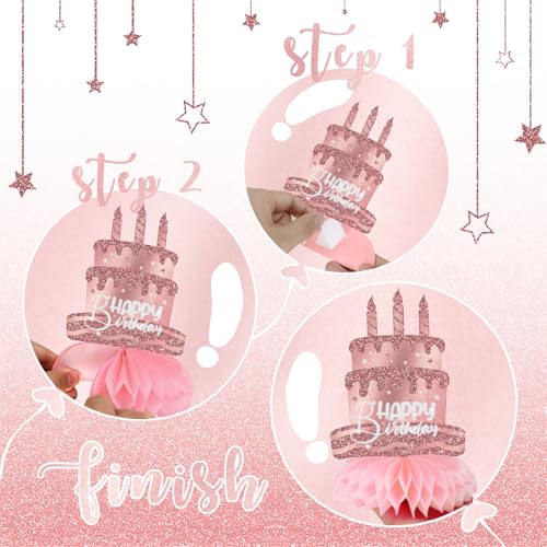 Pink Rose Gold Party Decorations, 12Pcs Pink Rose Gold Honeycomb Birthday Decorations, Elegant Rose Gold Table Toppers Par...