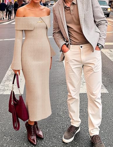 ZESICA Women's Spring Off Shoulder Sweater Dress 2026 Bell Long Sleeve Ribbed Knit Bodycon Formal Maxi Dresses
