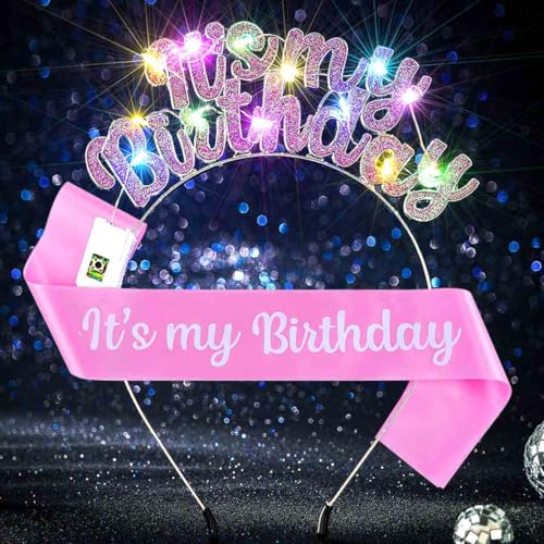 Uranian Light Up Birthday Headbands and Sash Led Rhinestone Crowns Birthday Hairbands Party Favor Hair Accessories for Women