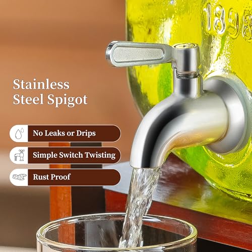 Drink Dispenser with Acacia Wood Stand and Lid,2 Gallon Glass Beverage Dispenser with Stainless Steel Spigot for Parties,P...