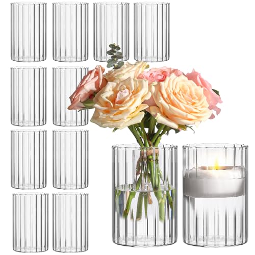 ComSaf Glass Cylinder Vases Pack of 12, Clear Ribbed Bud Vases for Centerpieces Weeding Decoration, 6 inch Tall Clear Flow...