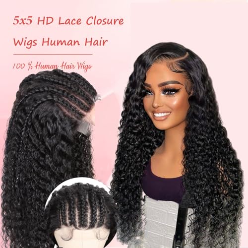 SODLIS 5x5 HD Lace Closure Wigs Wear And Go Glueless Wigs Pre Plucked With Baby Hair Ready to Go Deep Wave Lace Front Wigs for Women (Black, 24 Inch, Curly)