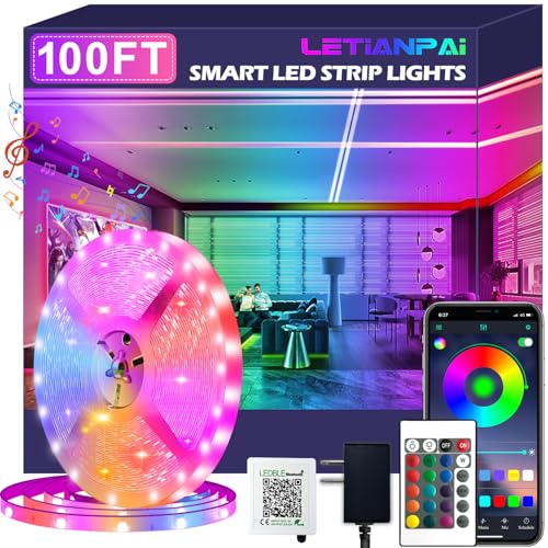 100ft Led Strip Lights,Long Smart Led Light Strips Music Sync 5050 RGB Color Changing Rope Lights,Bluetooth APP/IR Remote/...