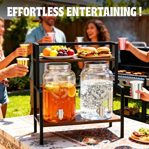 2PCS 1.5 Gallon Drink Dispenser - Glass Beverage Dispenser With Wood Stand and Leakproof Stainless Steel Spigot, Large Dri...