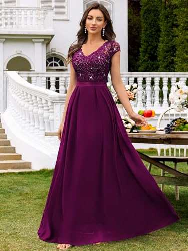 Miusol Women's Elegant V-Neck Cap Sleeve Sequined Floral Lace Formal Party Maxi Dress