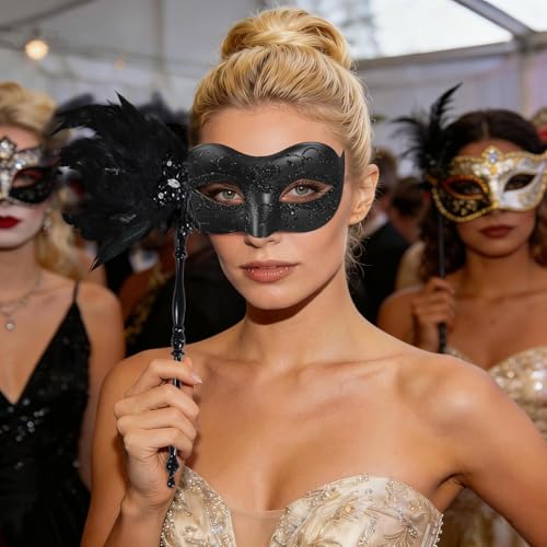 BEARAE Masquerade Mask for Women with Stick, Feather Venetian Masks, Costume Mask for Mardi Gras Gatsby Party Decoration