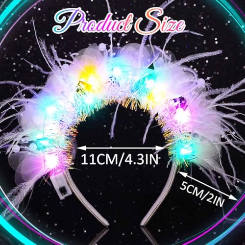 Latious LED Crown Headband White Light Up Feather Headpiece Glow Rave Headbands for Bride and Women (White-Colorful Light)