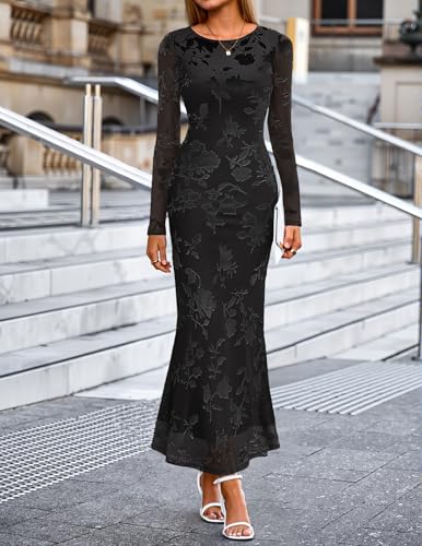 MEROKEETY Women's 2026 Spring Wedding Guest Maxi Dress Long Sleeve Bodycon Floral Mesh Fall Cocktail Formal Party Dresses