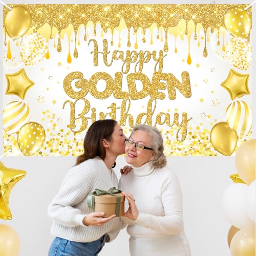 Mocsicka Happy Golden Birthday Backdrop Gold Shiny Glitter Balloons Golden Birthday Banner Party Decorations Photo Booth P...