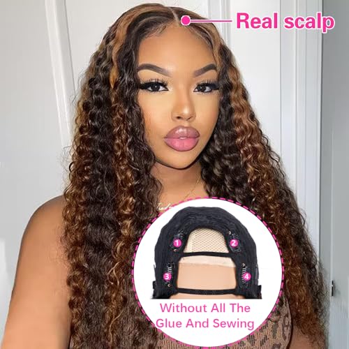 Lucasar FB30 Deep Wave U Part Human Hair Wigs for Black Women 180% Density Glueless U Shape Half Wig 180% Density Wig No Leave Out Lace Glueless Deep Curly Upgrade U Part Wigs (22 inch, FB30)