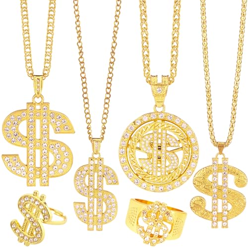 Riuziyi 6 Pack Fake Gold Dollar Sign Chain Necklace Ring for 80s 90s Hip Hop Costumes Outfit, Rapper Jewelry for Men Women